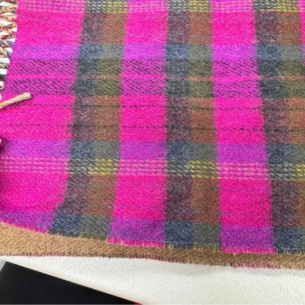 Moonbat 100% Wool Pink Brown Plaid Fringe Scarf Womens Accessories Casual